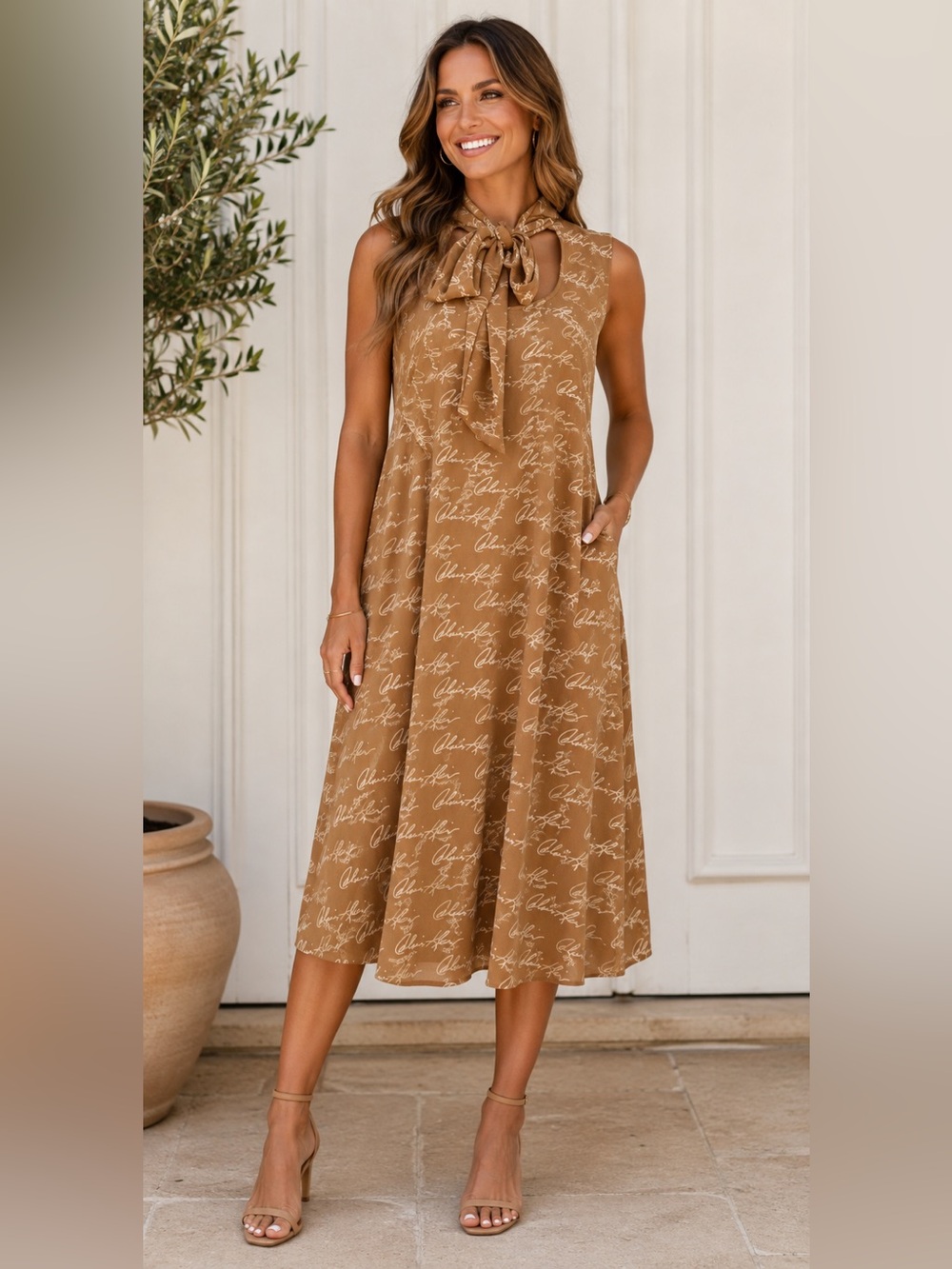 Calvin Klein Brown Script Print Sleeveless Tie Neck Shift Dress